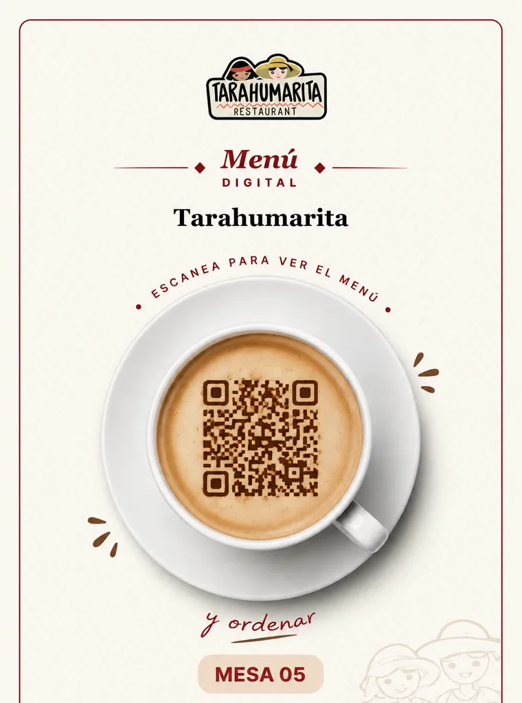 Póster de mesa del restaurante Tarahumarita: una taza de café con un código QR dibujado en la espuma y la leyenda «Escanea para ver el menú», sobre la mesa 05.